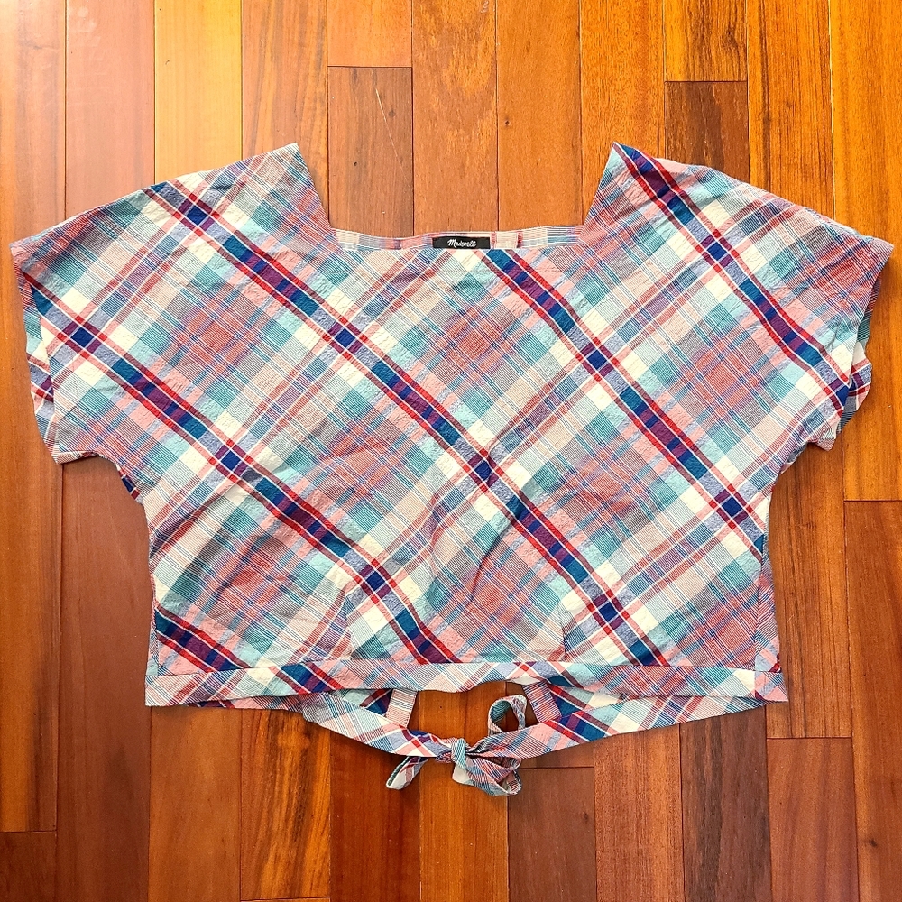 Madewell Multicolor Plaid Crop XL Top Tie-up Waist Prairie Festival GameDay Chic